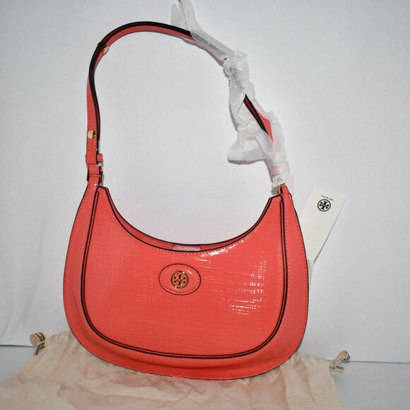 Tory Burch Robinson crescent shoulder bag in crosshatched leather Coral Crush # - Picture 3 of 6